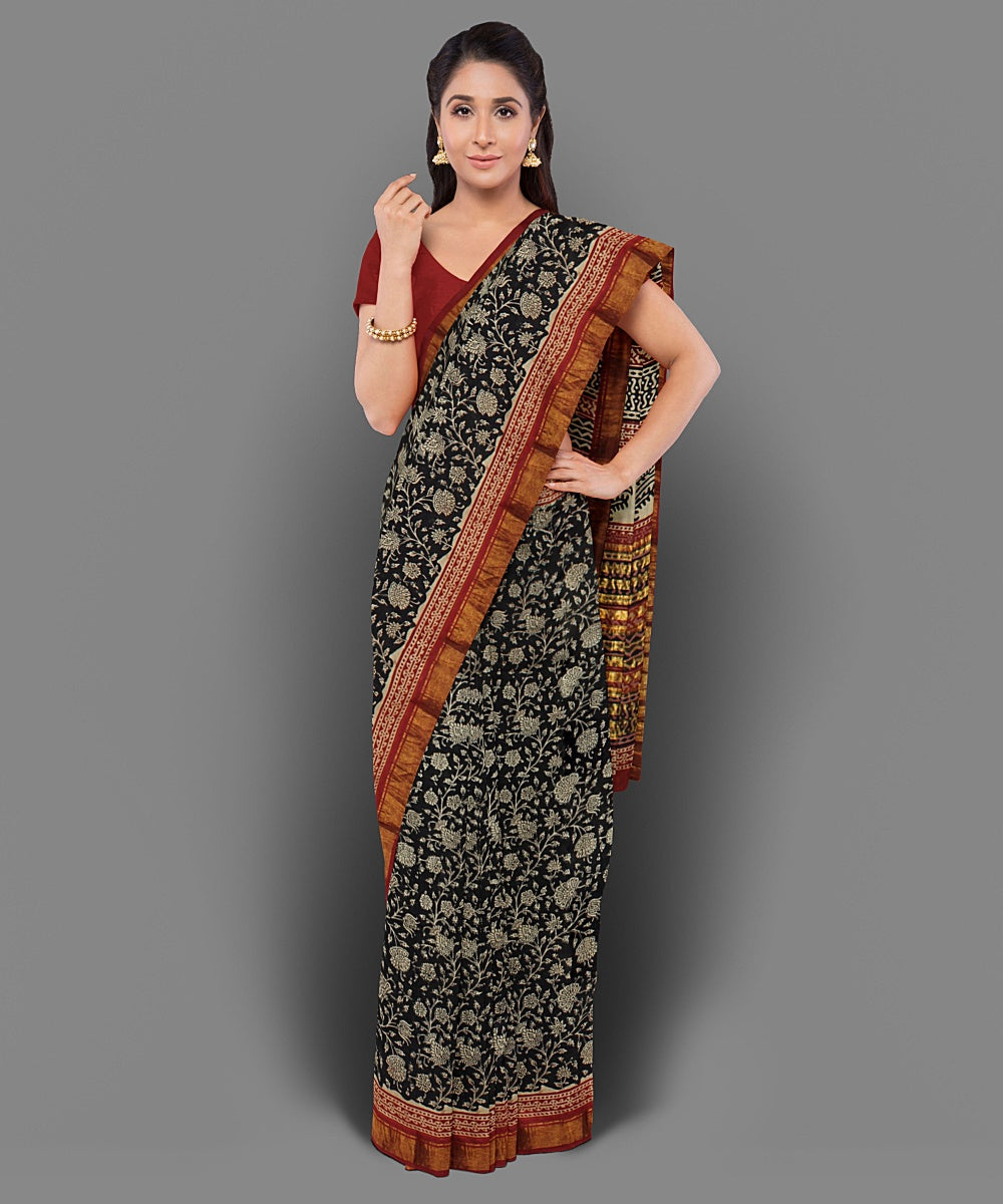 Black handblock print cotton saree