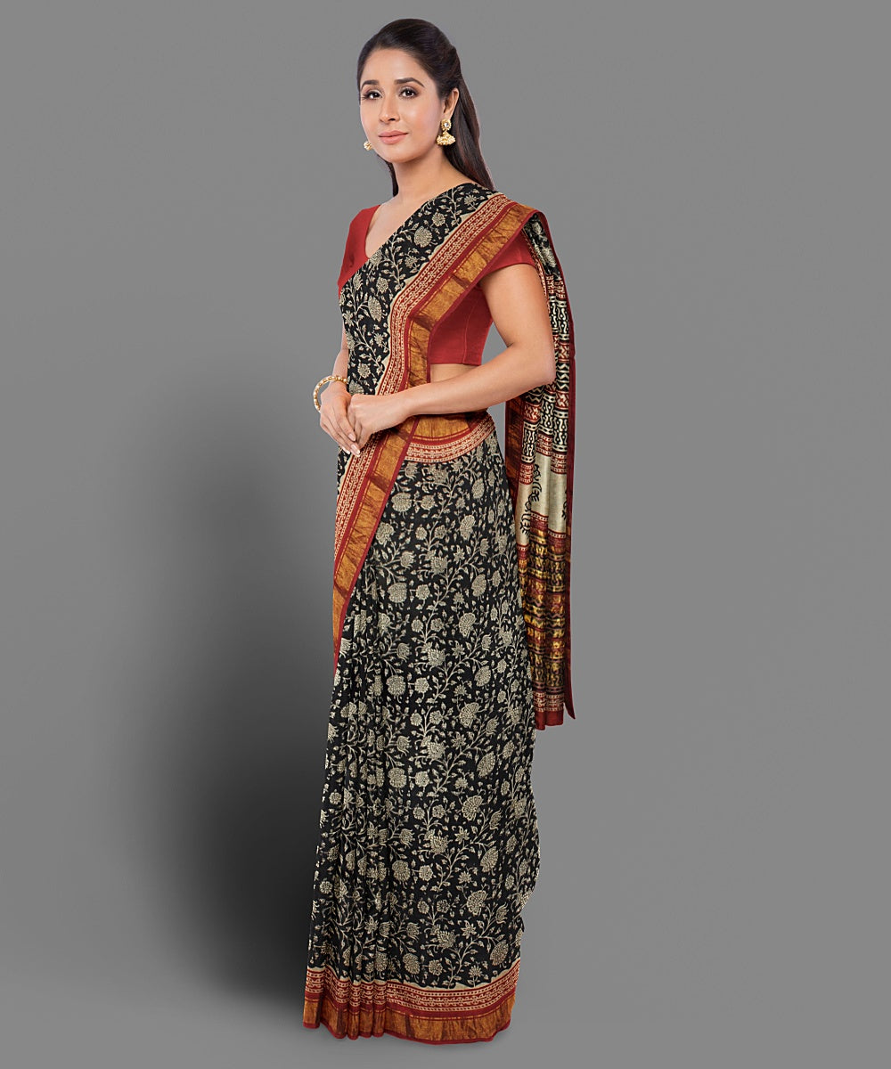 Black handblock print cotton saree