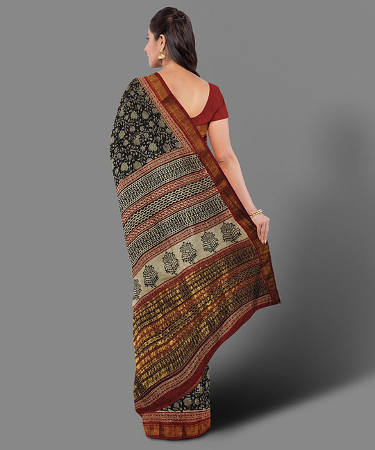 Black handblock print cotton saree
