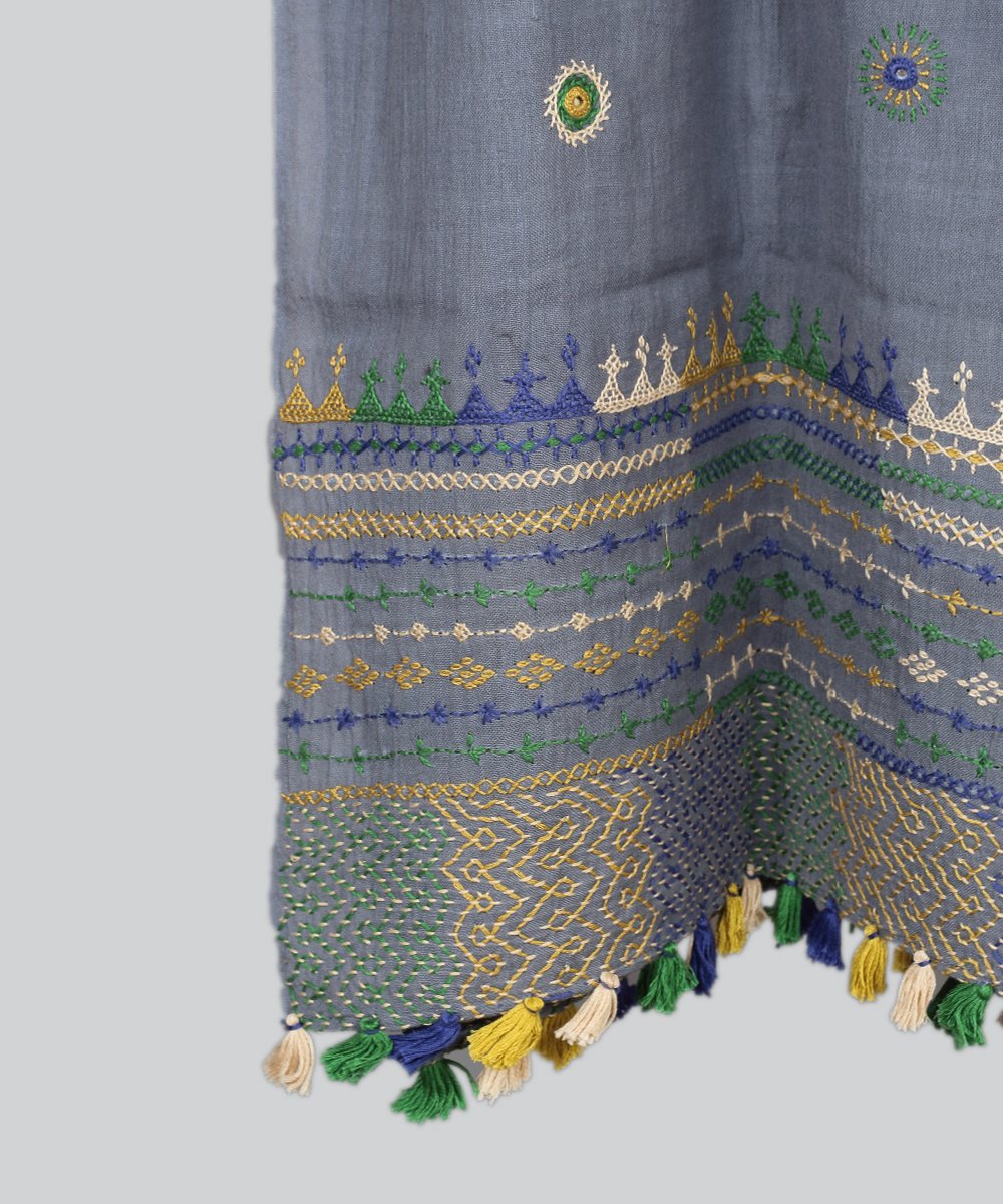 Grey Lambani Hand Embroidery Cotton Stole