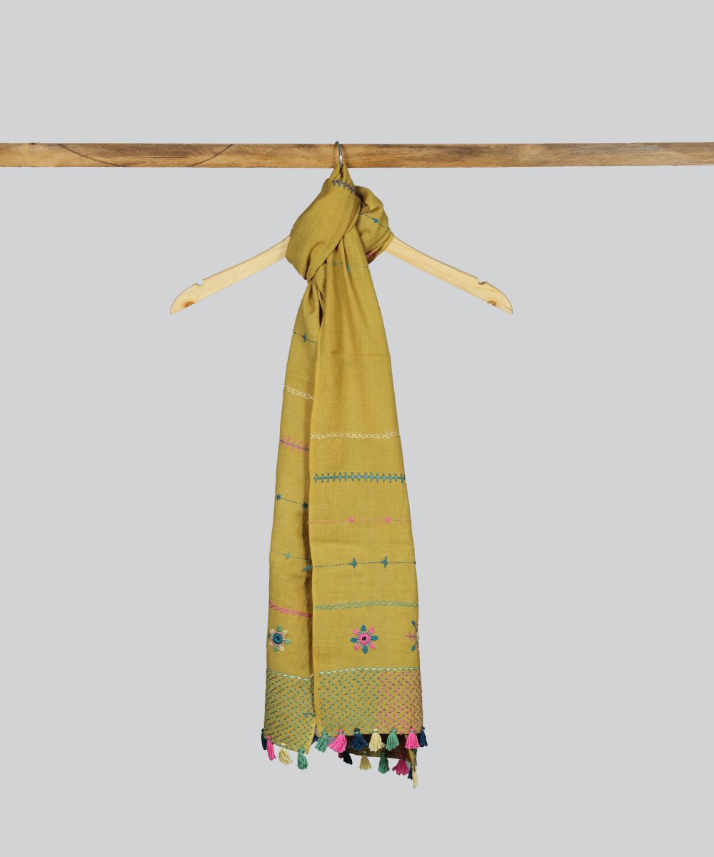 Mustard lambani hand embroidery cotton stole