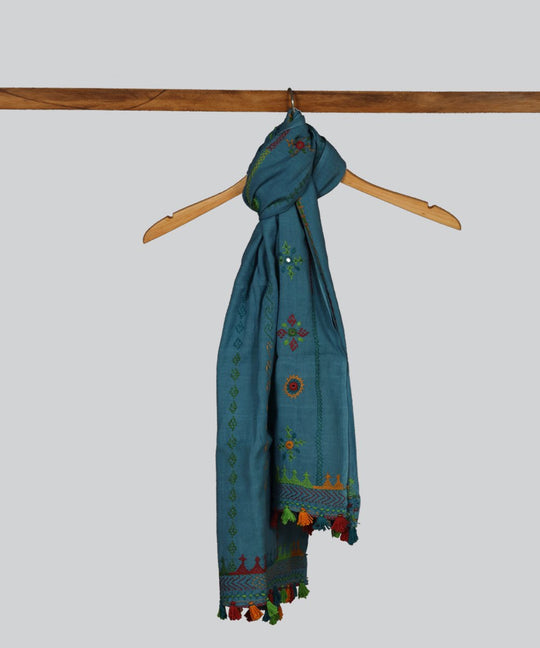 Blue Grey Hand Embroidery Cotton Stole