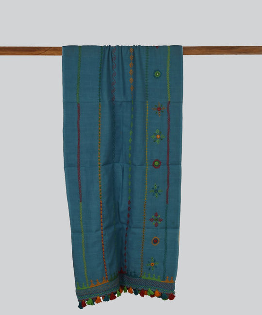 Blue Grey Hand Embroidery Cotton Stole