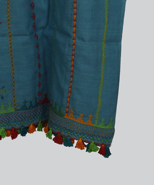 Blue Grey Hand Embroidery Cotton Stole