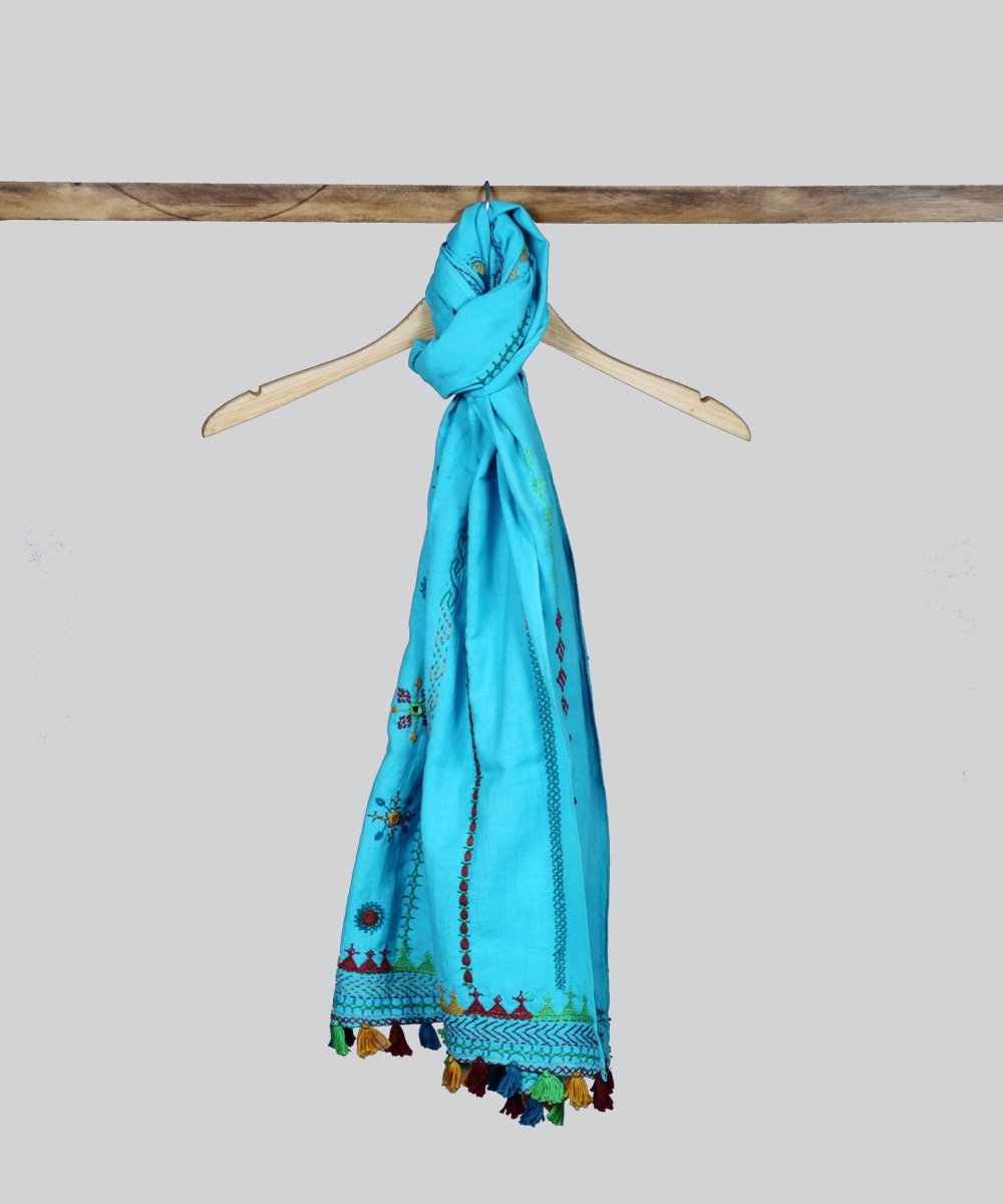 Sky Blue Lambani Hand Embroidery Cotton Stole