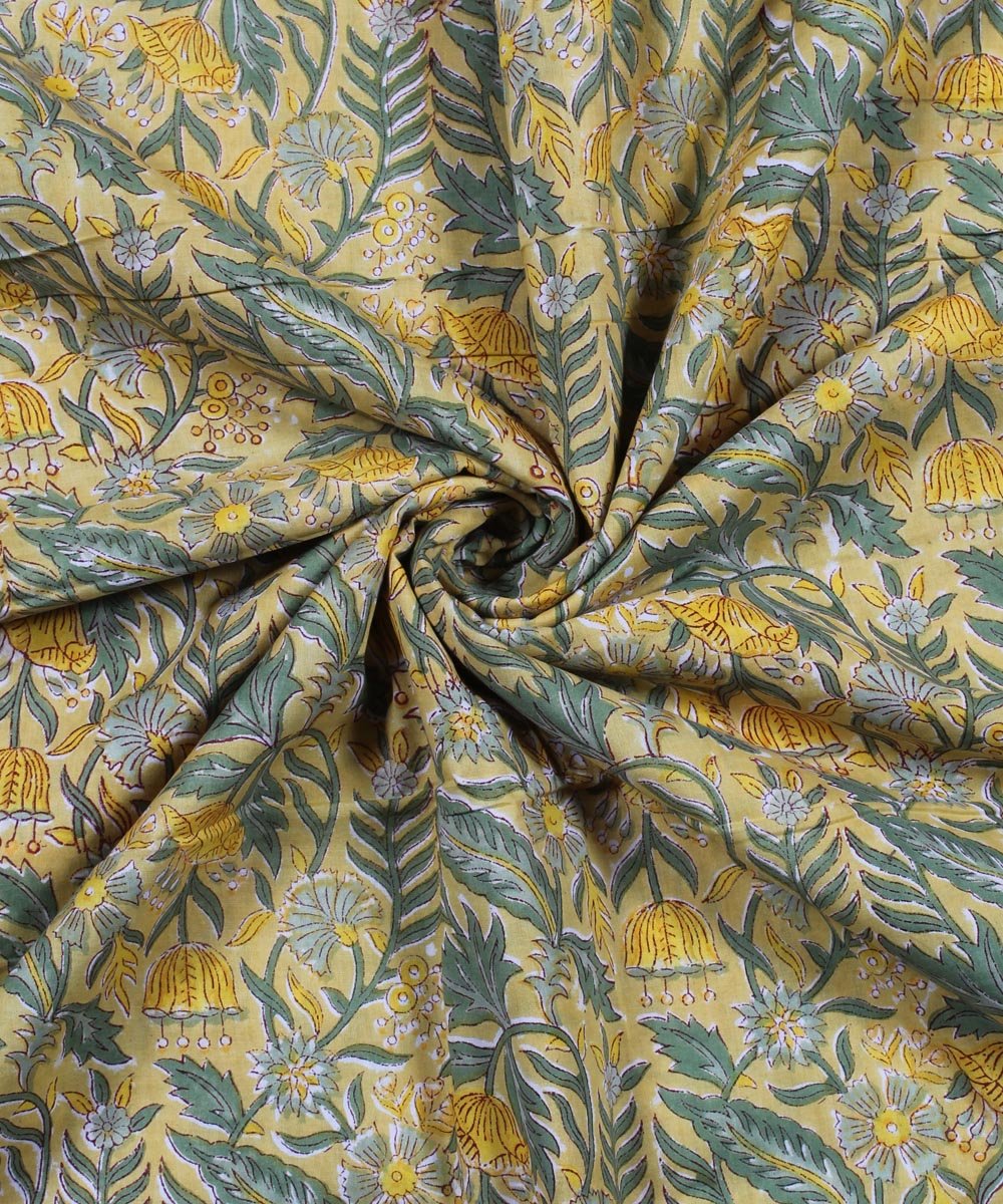 Yellow handblock print floral cotton fabric
