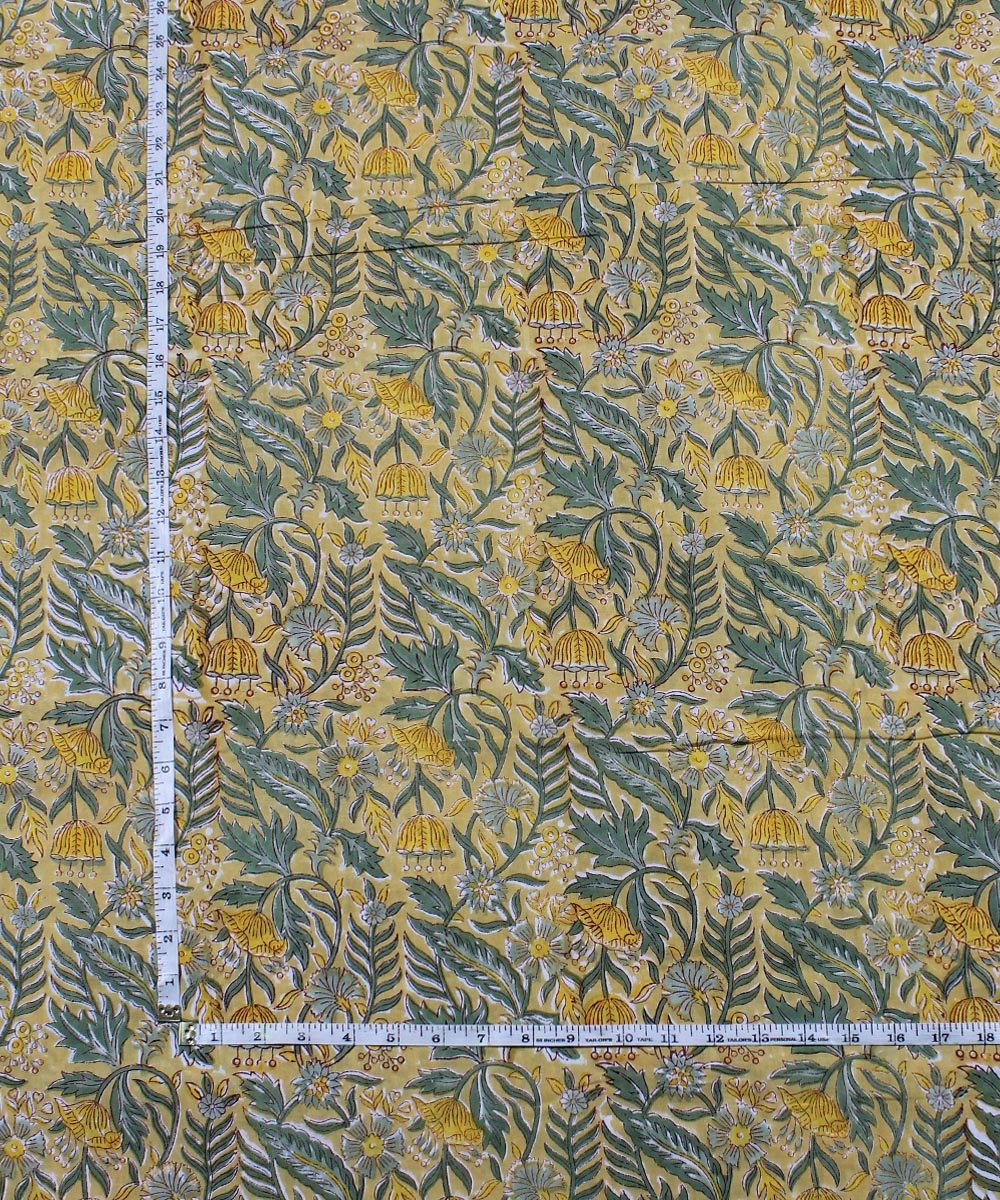 Yellow handblock print floral cotton fabric