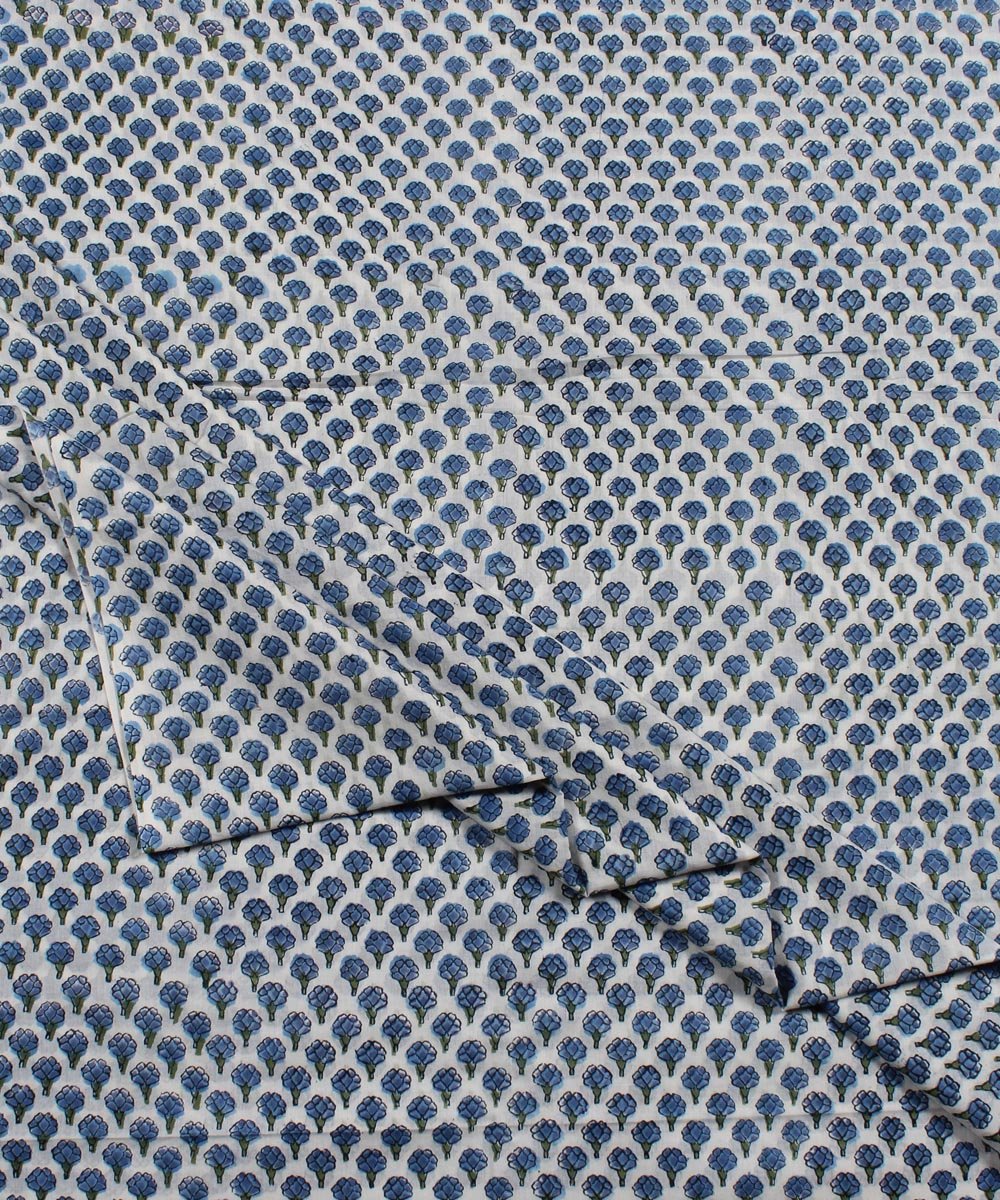 Blue floral handblock printed cotton fabric