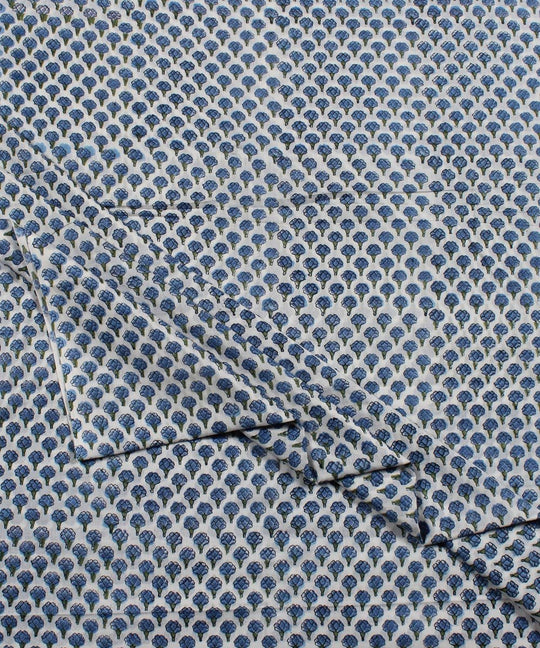 Blue floral handblock printed cotton fabric