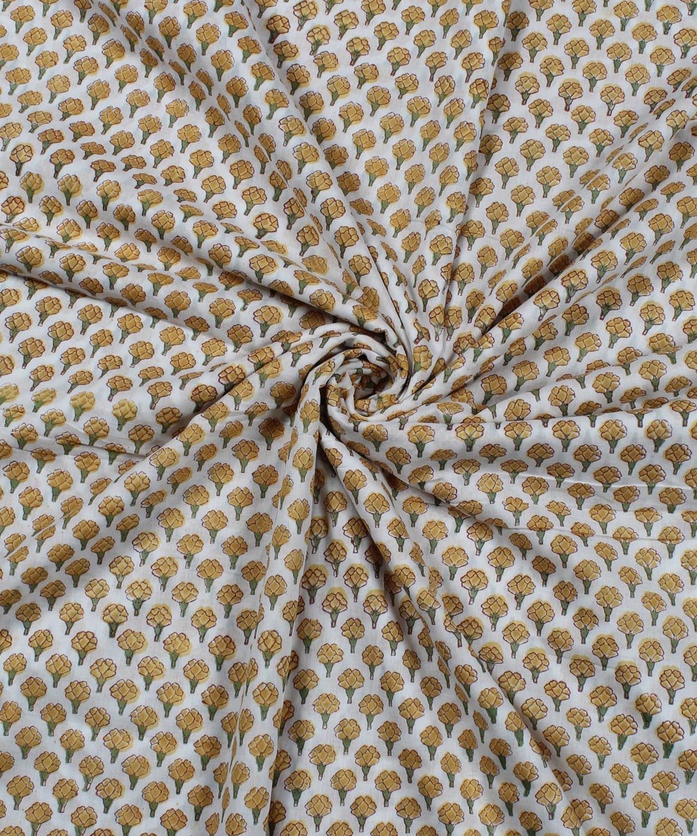 0.53m White block print yellow floral cotton fabric