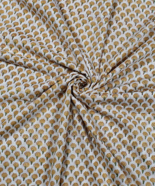 0.53m White block print yellow floral cotton fabric