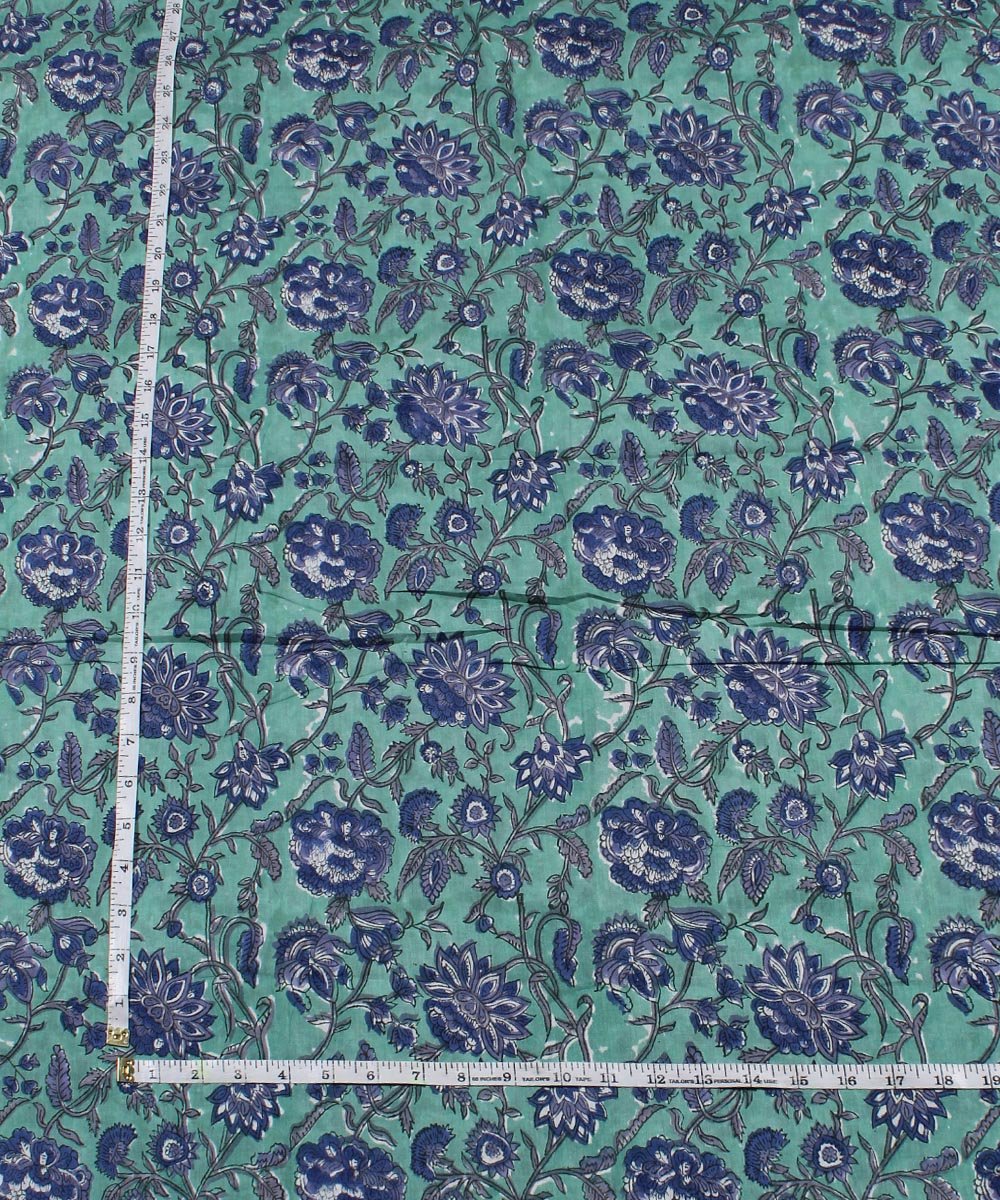 Cyan green handblock print cotton fabric