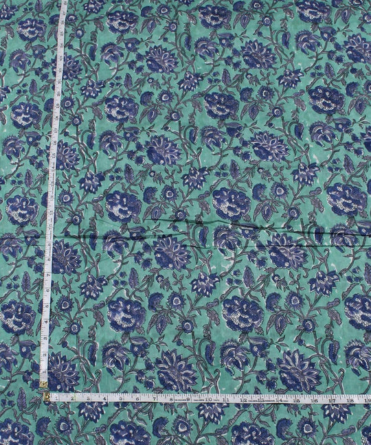 Cyan green handblock print cotton fabric