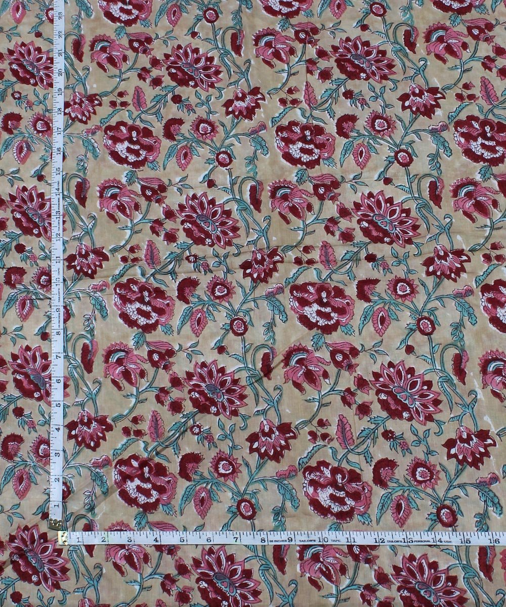 Yellow red handblock print cotton fabric