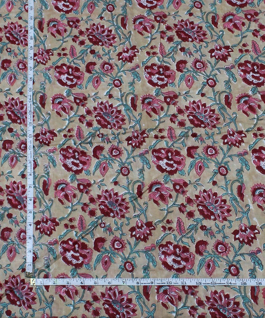 Yellow red handblock print cotton fabric