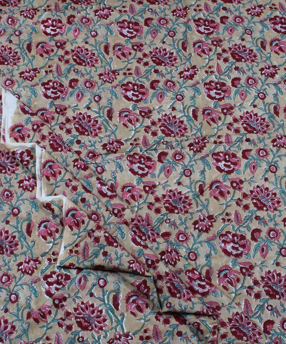 Yellow red handblock print cotton fabric
