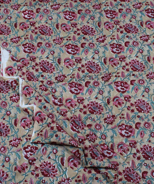 Yellow red handblock print cotton fabric