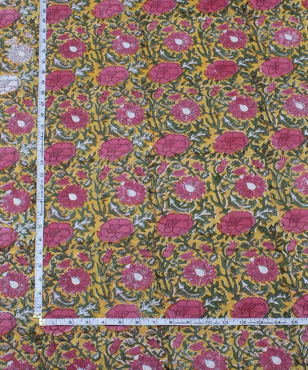 1m Yellow pink handblock print cotton fabric