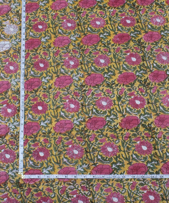 1m Yellow pink handblock print cotton fabric