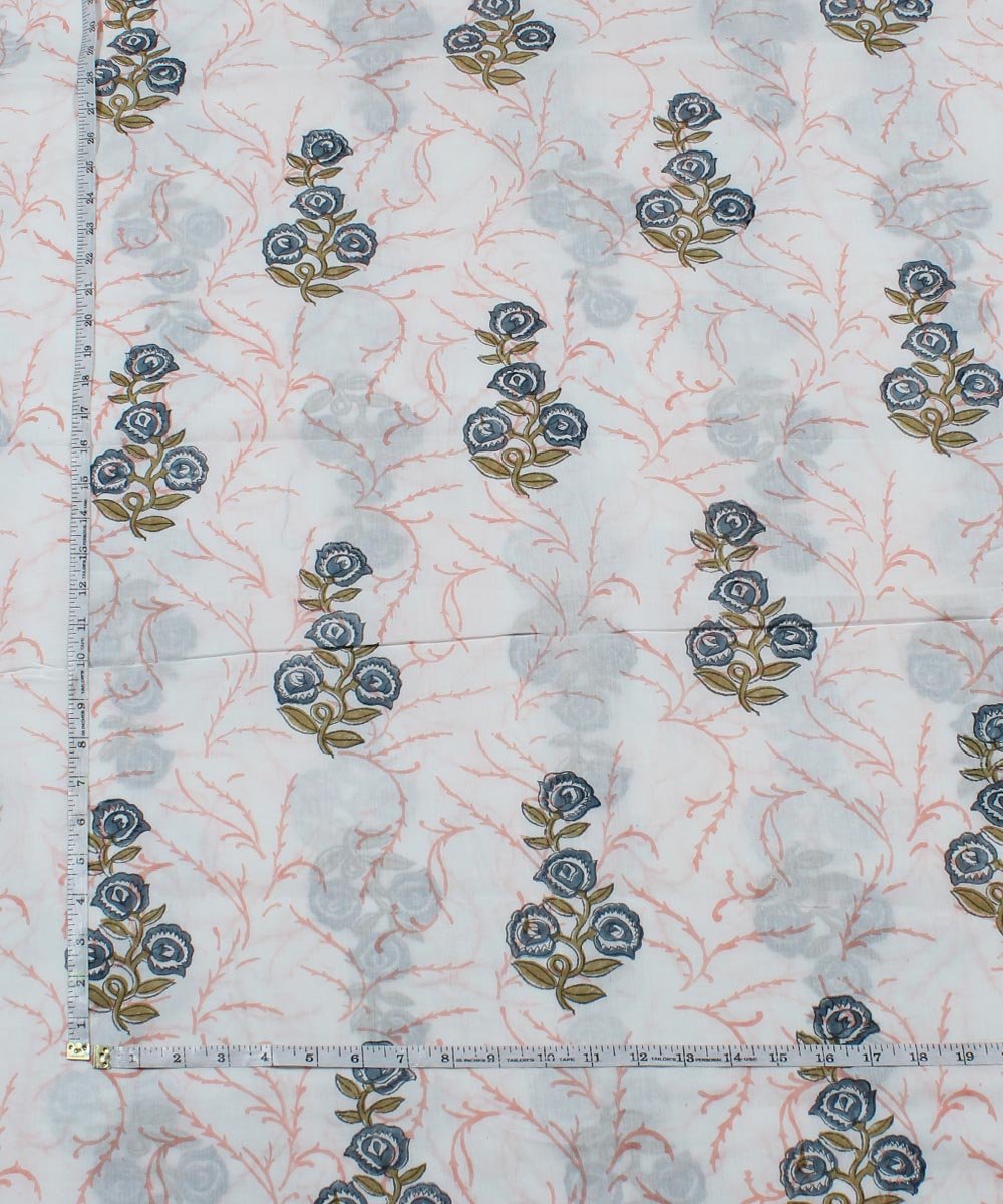 Blue floral block print white cotton fabric