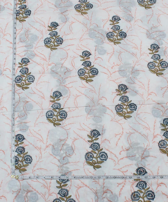 Blue floral block print white cotton fabric