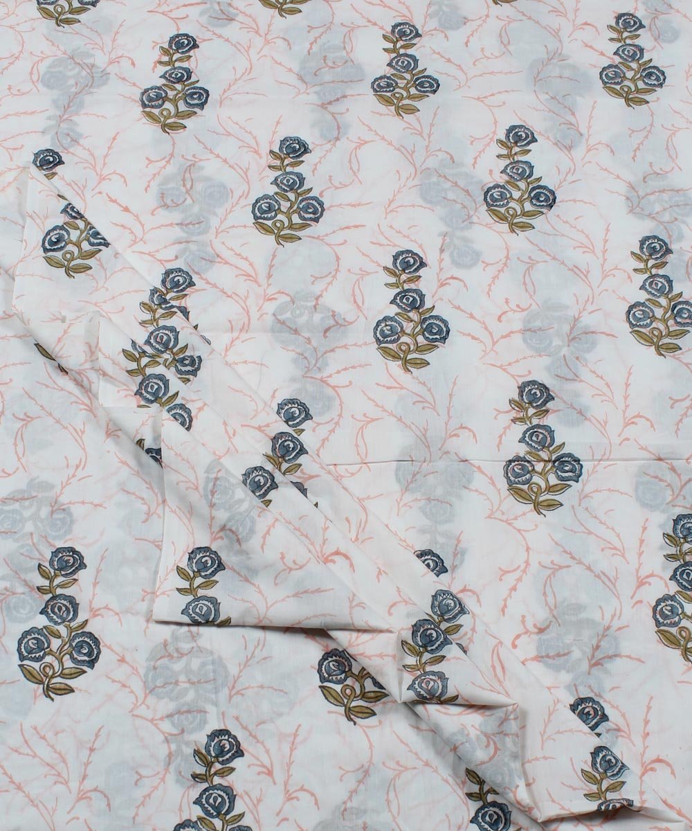 Blue floral block print white cotton fabric