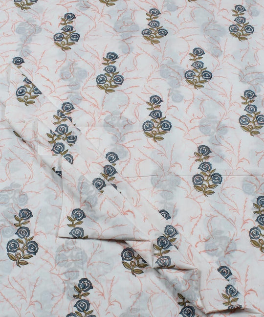 Blue floral block print white cotton fabric
