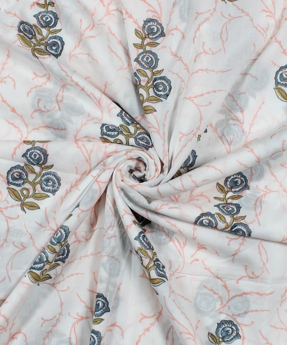Blue floral block print white cotton fabric