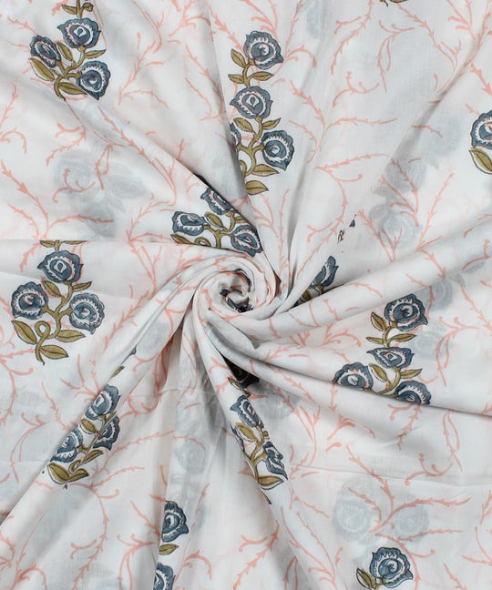 Blue floral block print white cotton fabric