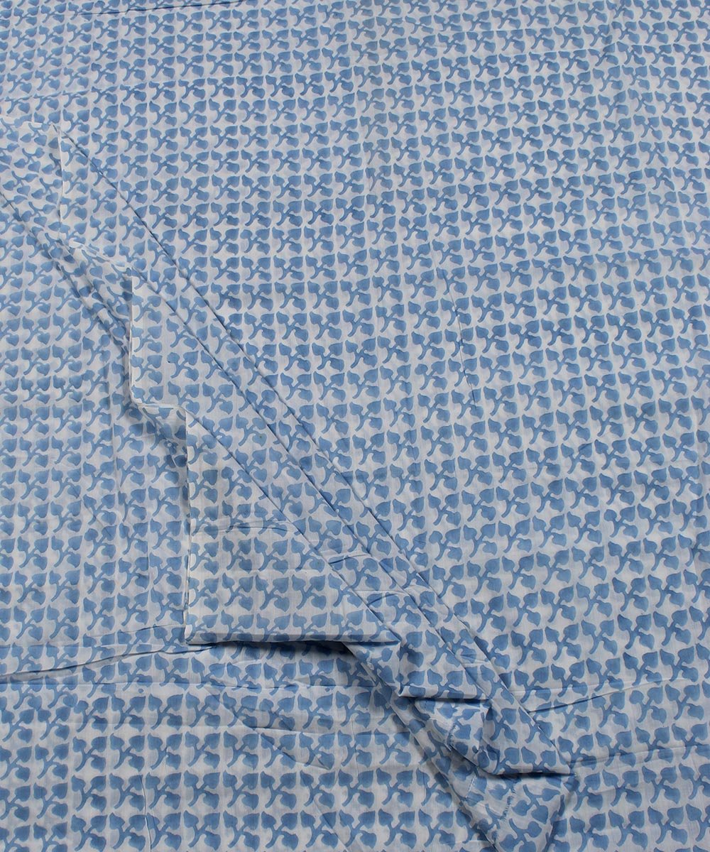 0.58m White blue floral block print cotton fabric
