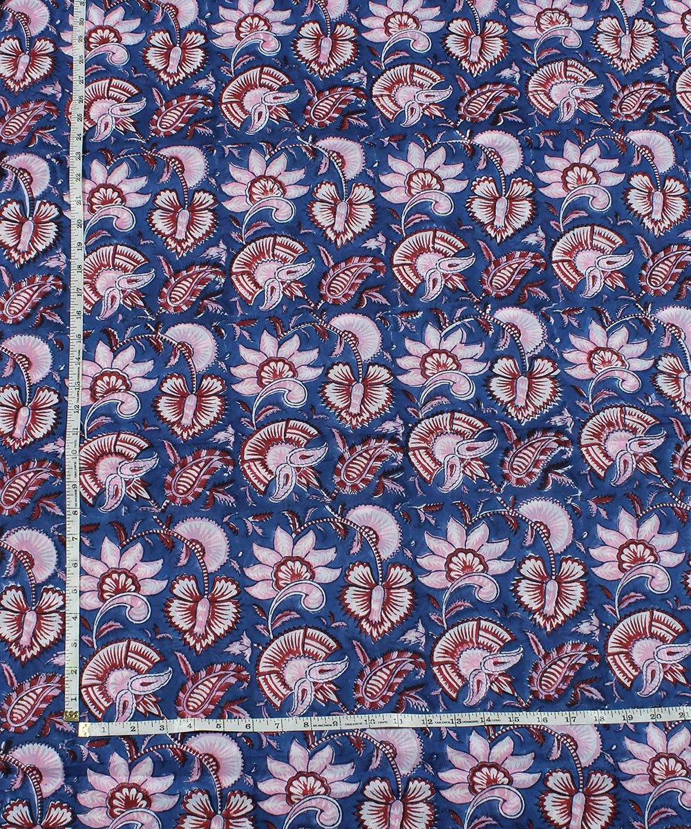 Navy blue floral block print cotton fabric