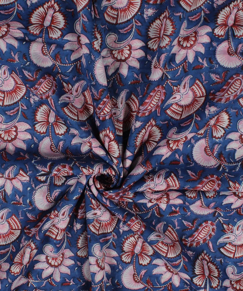 Navy blue floral block print cotton fabric