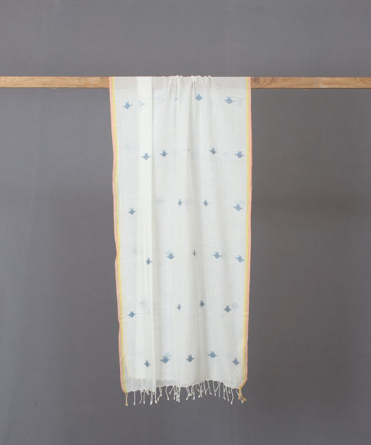 Blue fish motif in white jamdani stole