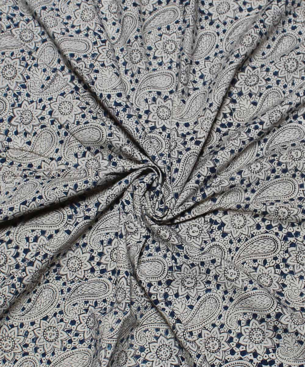 Beige white paisley motif handblock printed cotton kalamkari fabric
