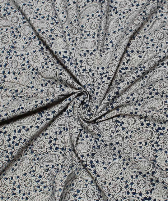 Beige white paisley motif handblock printed cotton kalamkari fabric