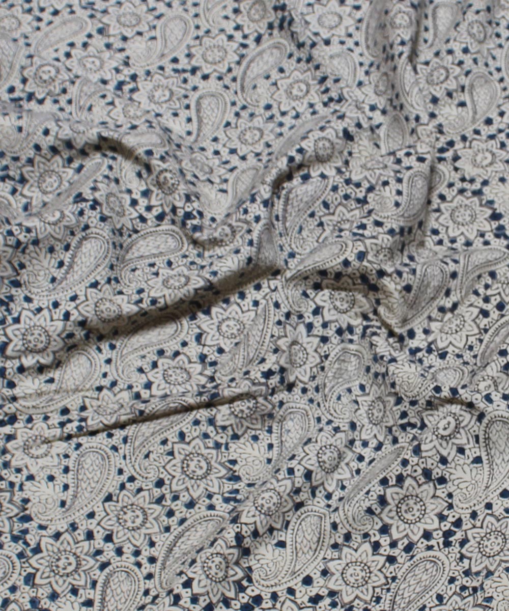 Beige white paisley motif handblock printed cotton kalamkari fabric