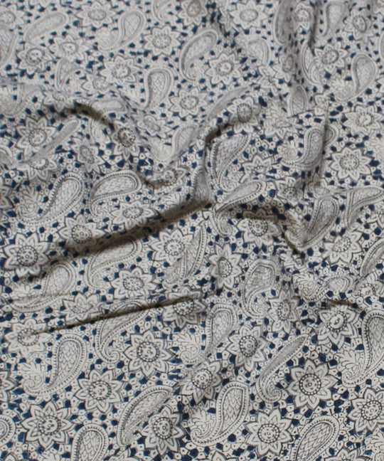 Beige white paisley motif handblock printed cotton kalamkari fabric