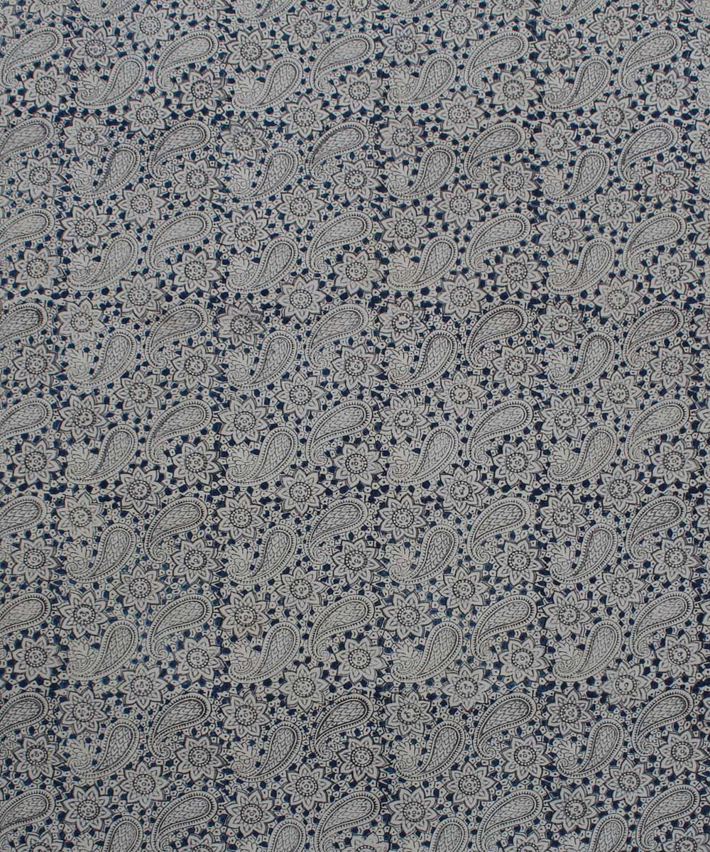 Beige white paisley motif handblock printed cotton kalamkari fabric