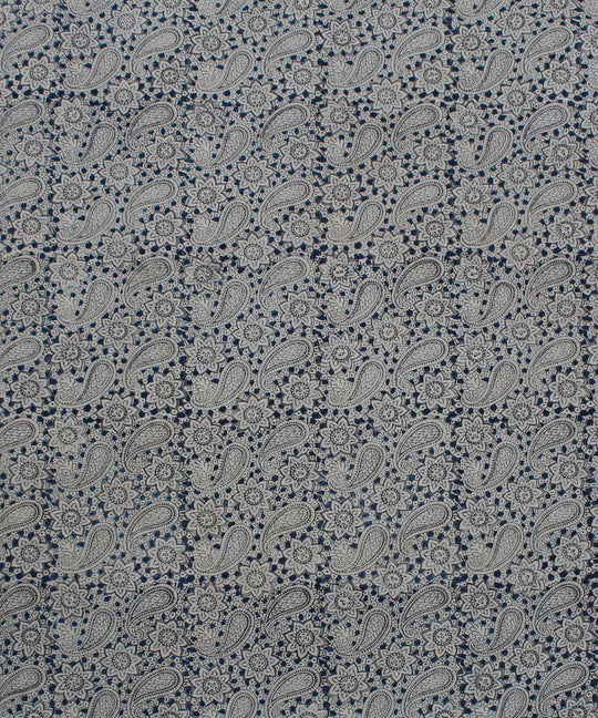Beige white paisley motif handblock printed cotton kalamkari fabric