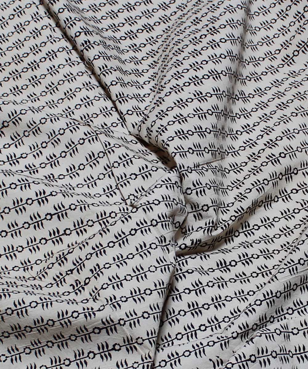 Beige black handblock printed cotton kalamkari fabric