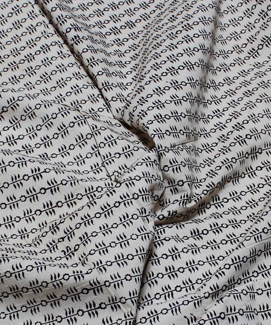 Beige black handblock printed cotton kalamkari fabric