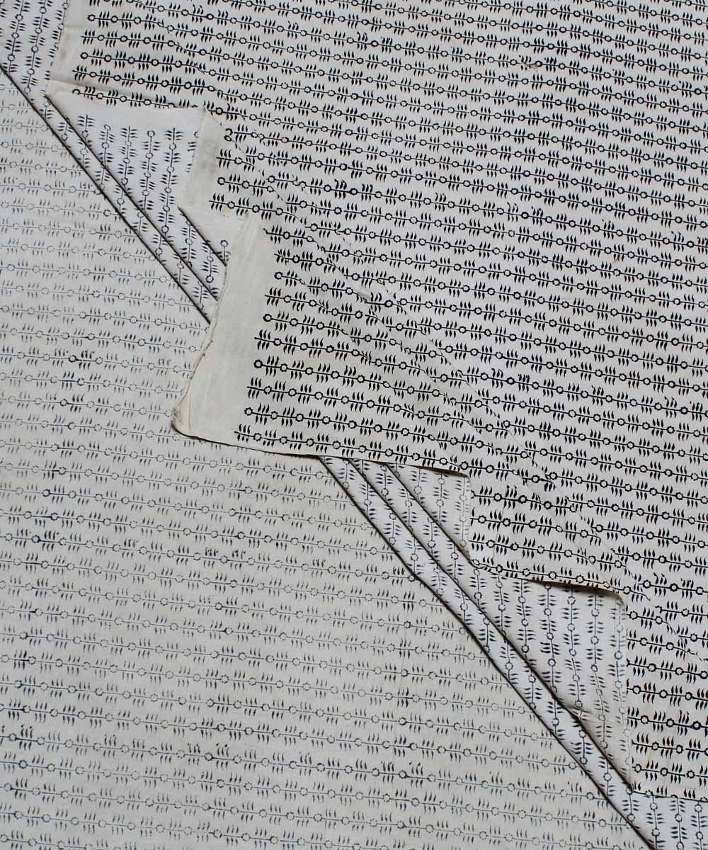 Beige black handblock printed cotton kalamkari fabric