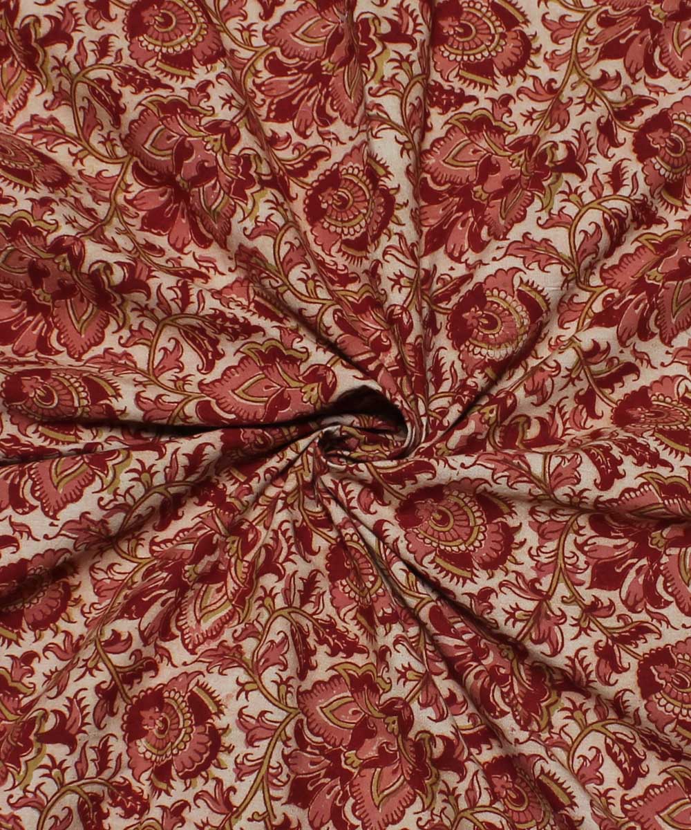 White pink handblock printed cotton kalamkari fabric