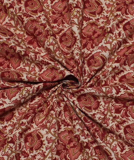 White pink handblock printed cotton kalamkari fabric