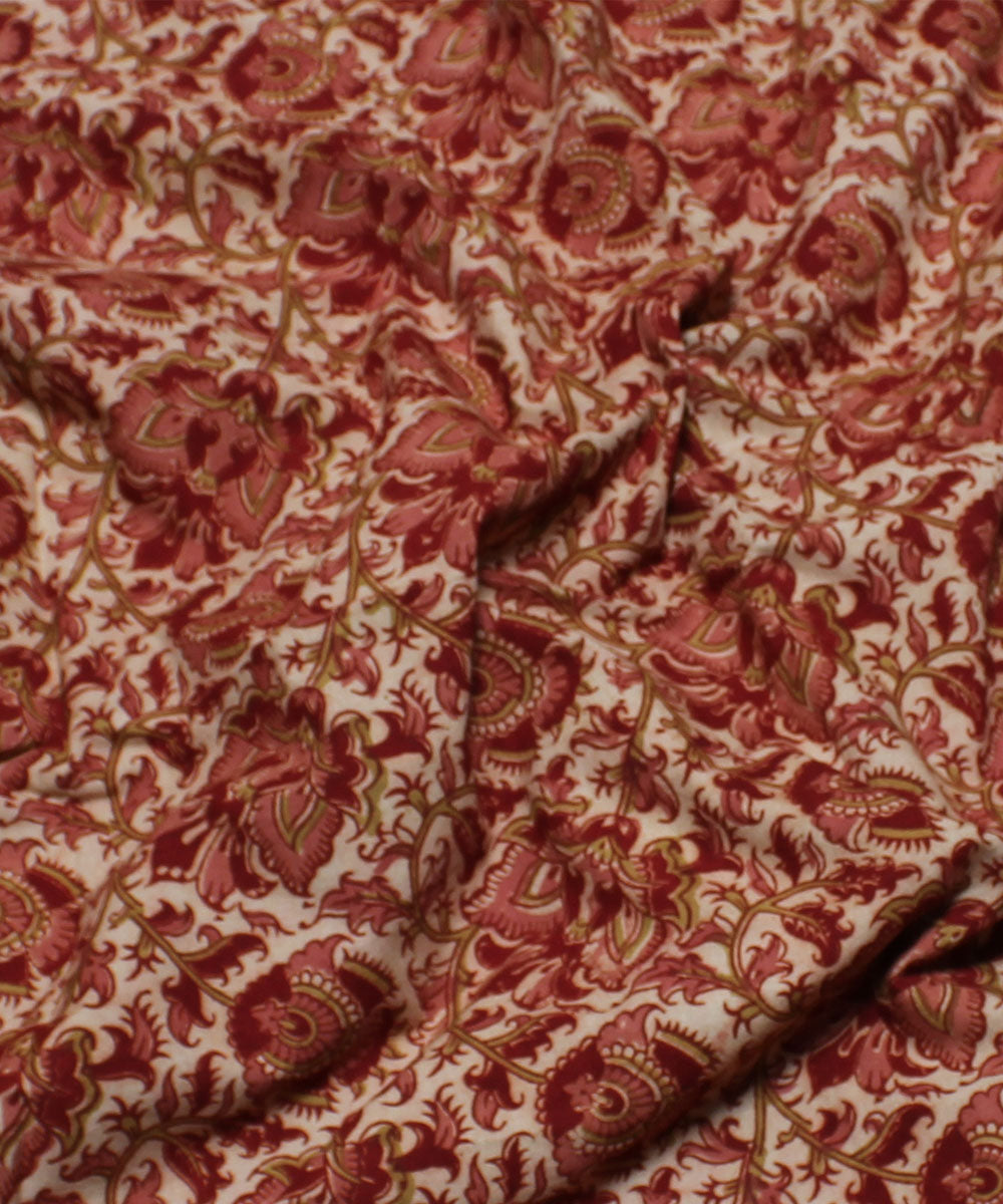 White pink handblock printed cotton kalamkari fabric