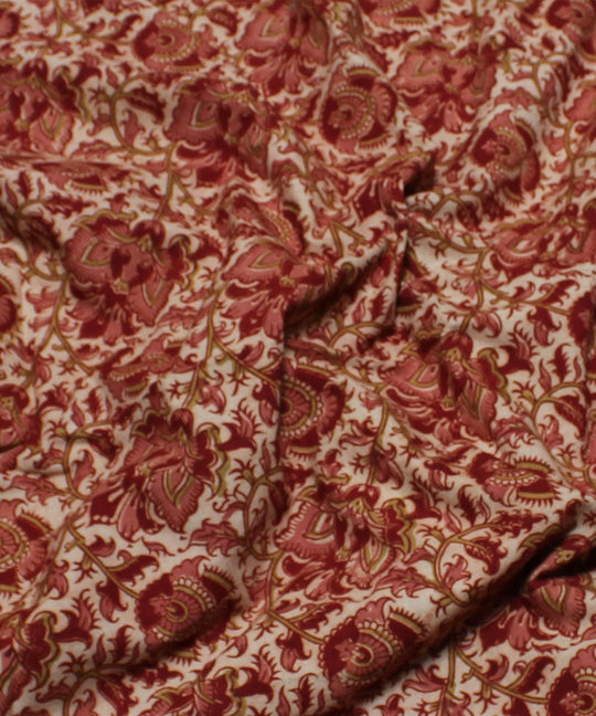 White pink handblock printed cotton kalamkari fabric