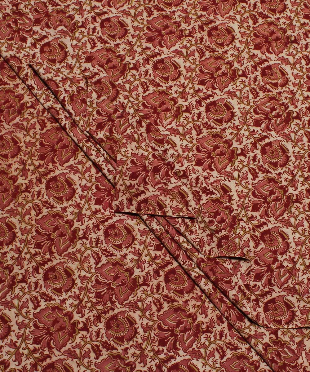 White pink handblock printed cotton kalamkari fabric