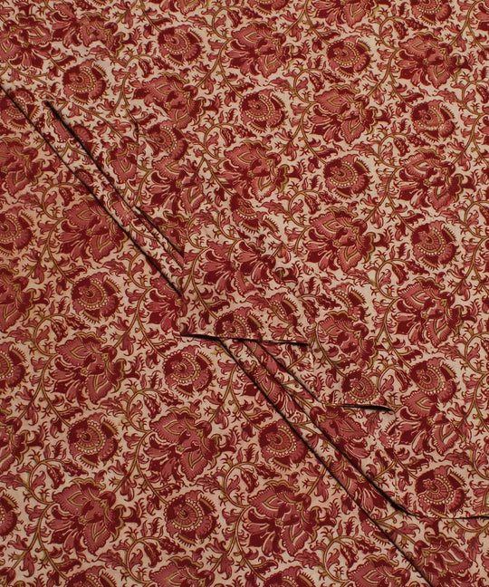 White pink handblock printed cotton kalamkari fabric
