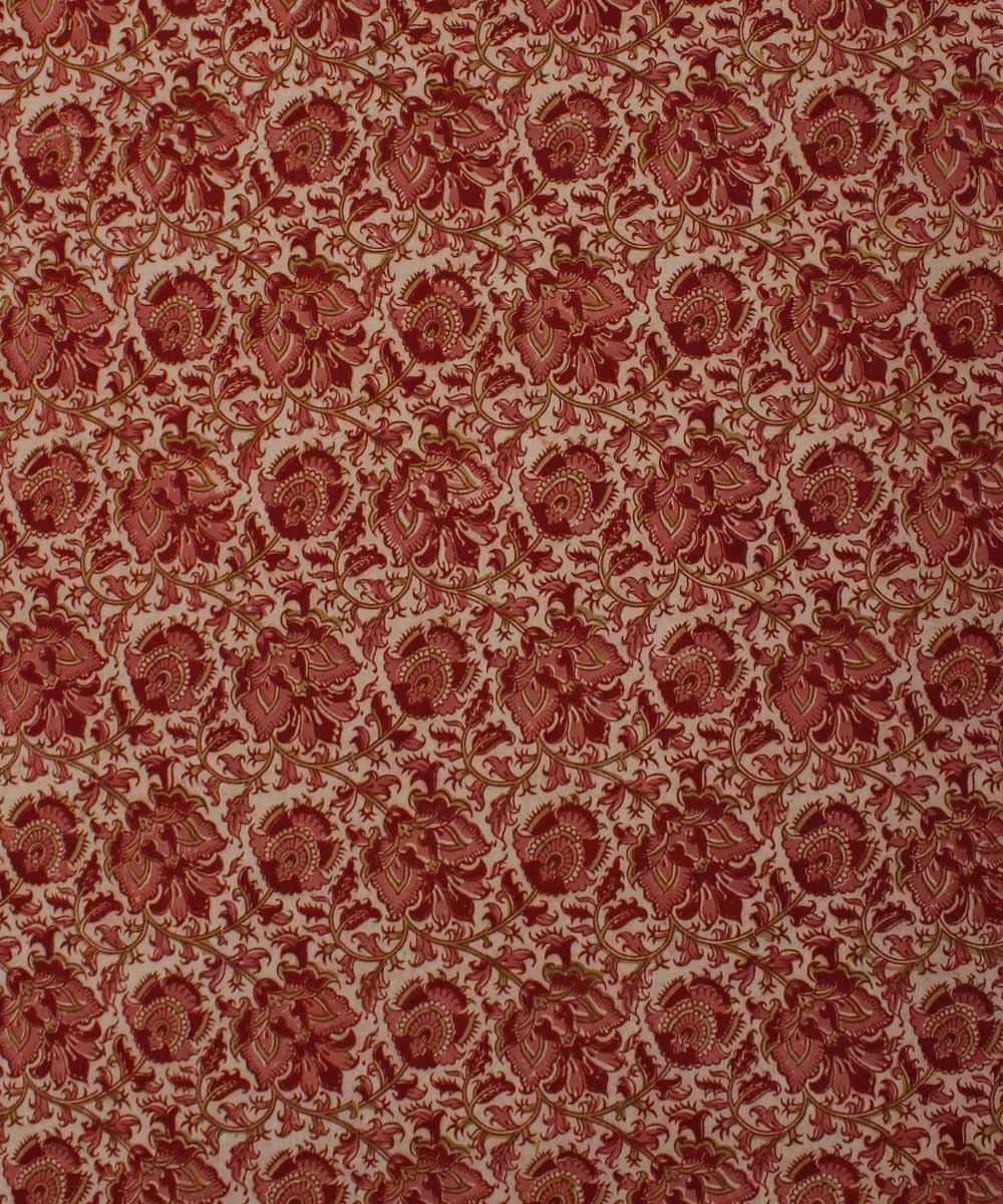 White pink handblock printed cotton kalamkari fabric