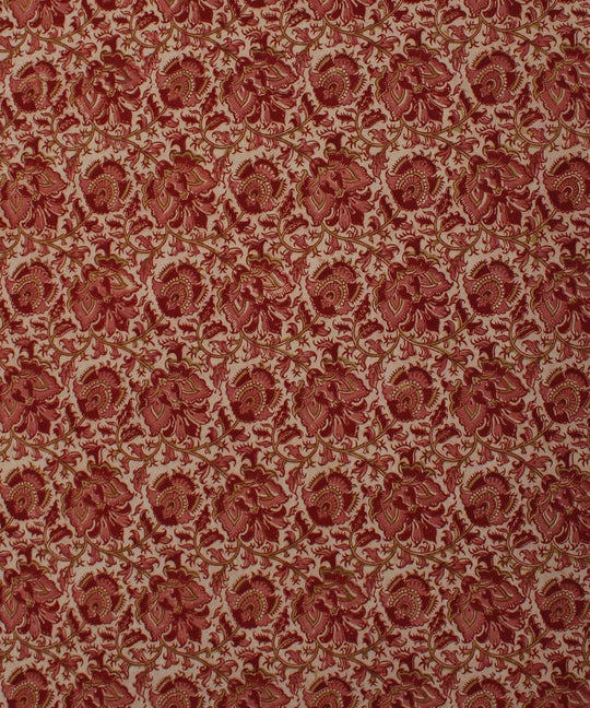 White pink handblock printed cotton kalamkari fabric